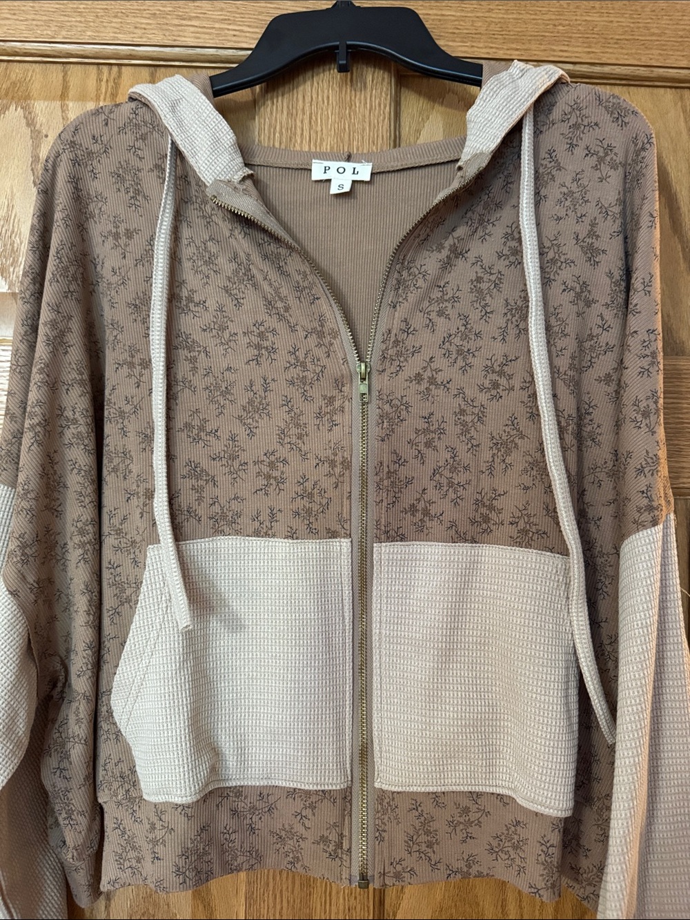 POL Brown Floral Zip Hoodie with Cream Waffle Pockets and Hood